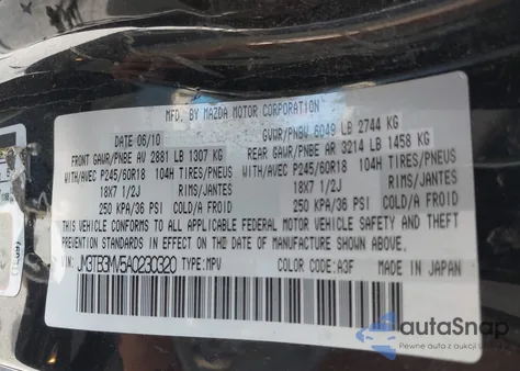 2010 Mazda Cx-9 Sport from USA, damaged, VIN JM3TB3MV5A0230320
